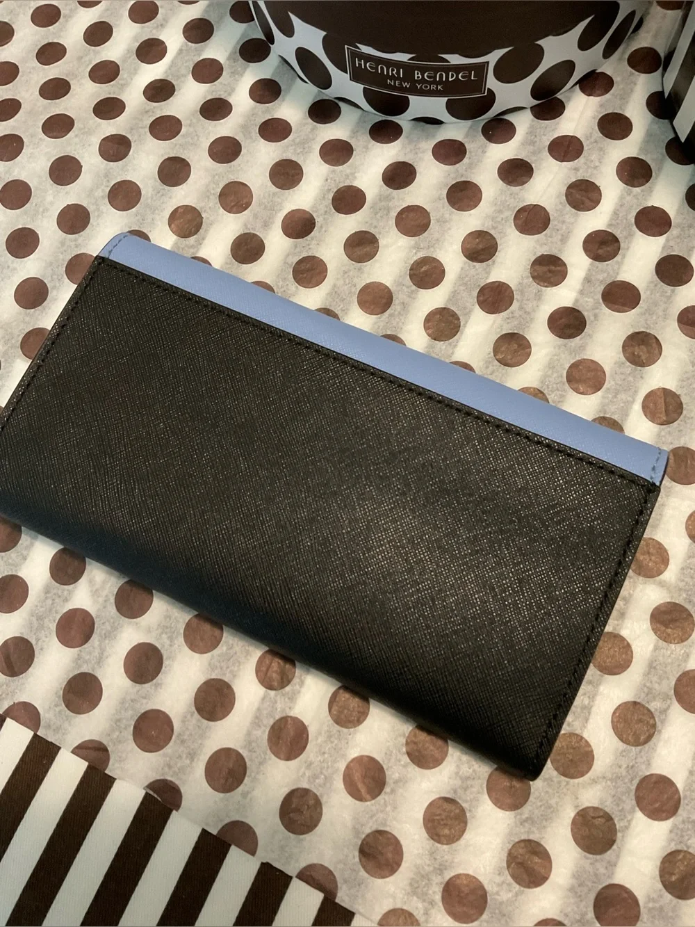 Henri Bendel West 57th Trifold Wallet Light Blue, Black and Olive w Dust Bag